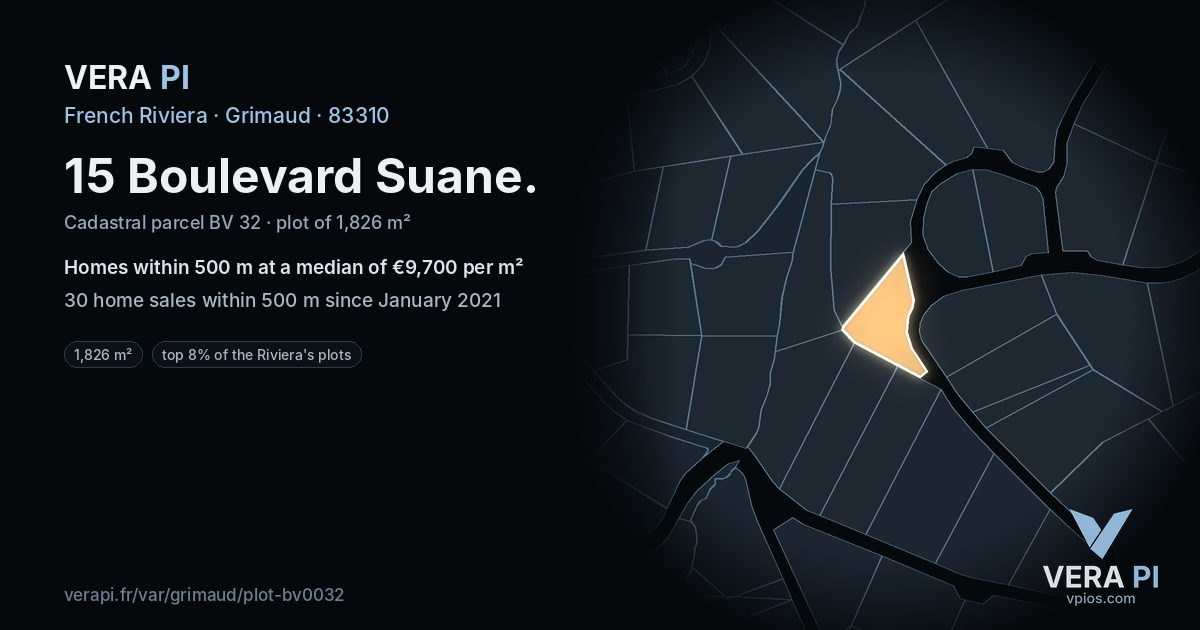 15 Boulevard Suane, Grimaud at night – the plot lit, the parcels around coloured by the prices near them