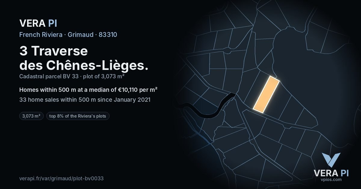 3 Traverse des Chênes-Lièges, Grimaud at night – the plot lit, the parcels around coloured by the prices near them