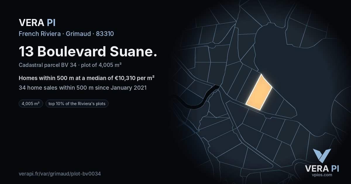 13 Boulevard Suane, Grimaud at night – the plot lit, the parcels around coloured by the prices near them