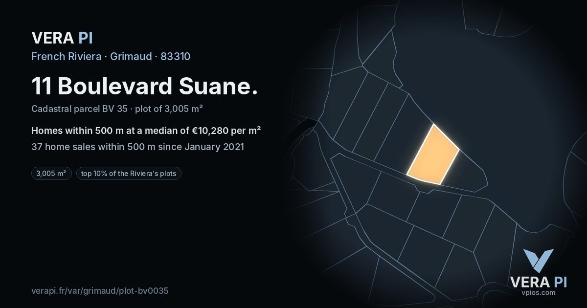 11 Boulevard Suane, Grimaud at night – the plot lit, the parcels around coloured by the prices near them