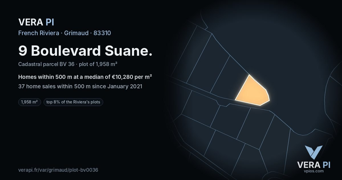 9 Boulevard Suane, Grimaud at night – the plot lit, the parcels around coloured by the prices near them