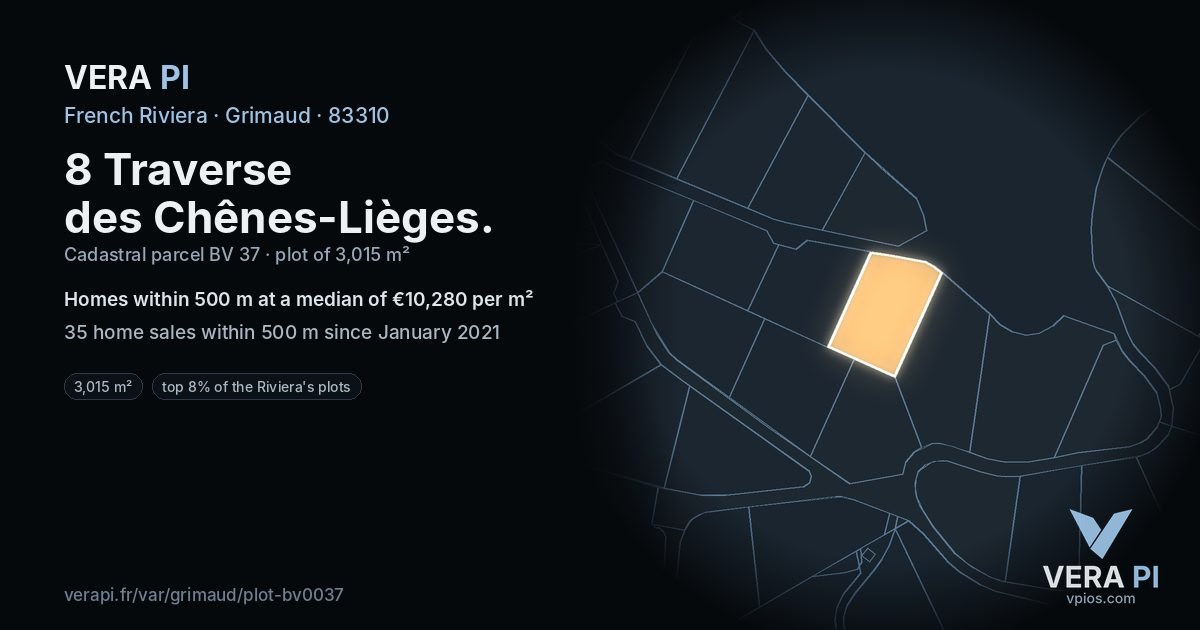 8 Traverse des Chênes-Lièges, Grimaud at night – the plot lit, the parcels around coloured by the prices near them
