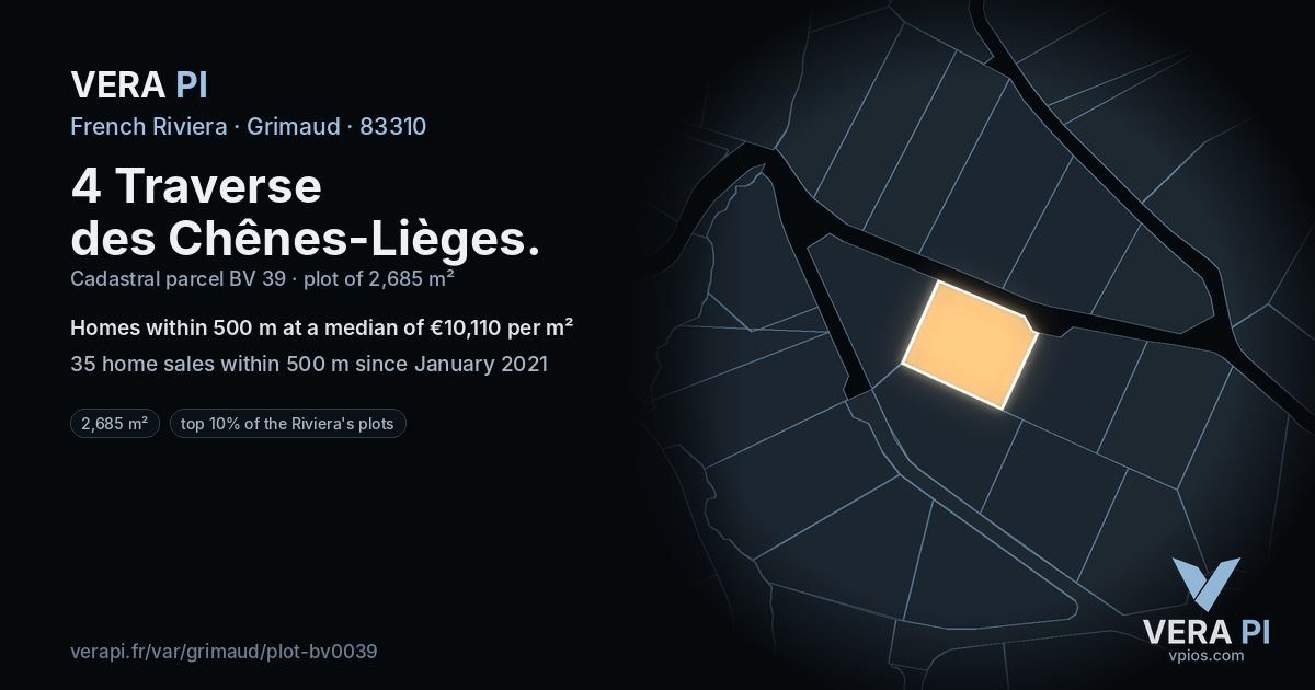 4 Traverse des Chênes-Lièges, Grimaud at night – the plot lit, the parcels around coloured by the prices near them
