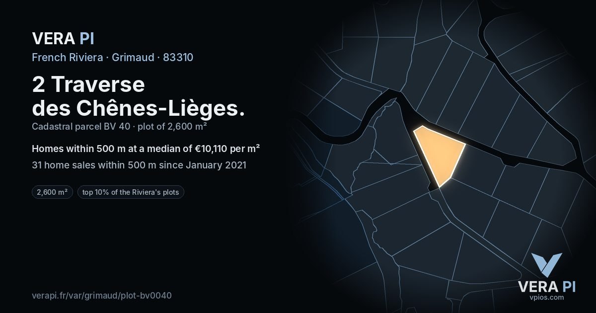 2 Traverse des Chênes-Lièges, Grimaud at night – the plot lit, the parcels around coloured by the prices near them