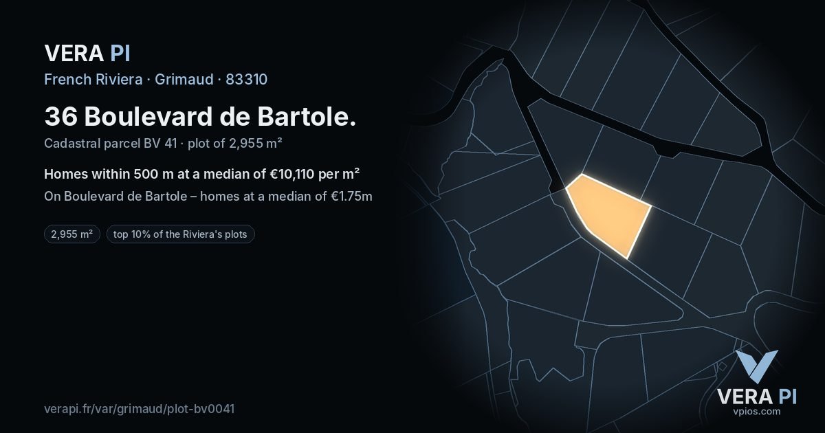 36 Boulevard de Bartole, Grimaud at night – the plot lit, the parcels around coloured by the prices near them