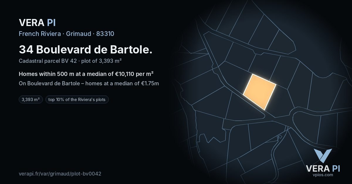34 Boulevard de Bartole, Grimaud at night – the plot lit, the parcels around coloured by the prices near them