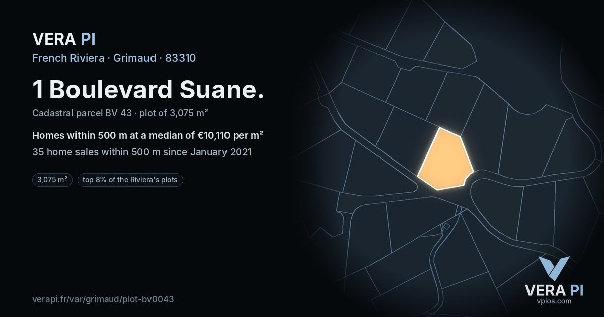1 Boulevard Suane, Grimaud at night – the plot lit, the parcels around coloured by the prices near them