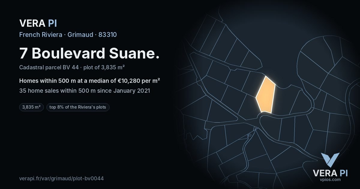 7 Boulevard Suane, Grimaud at night – the plot lit, the parcels around coloured by the prices near them