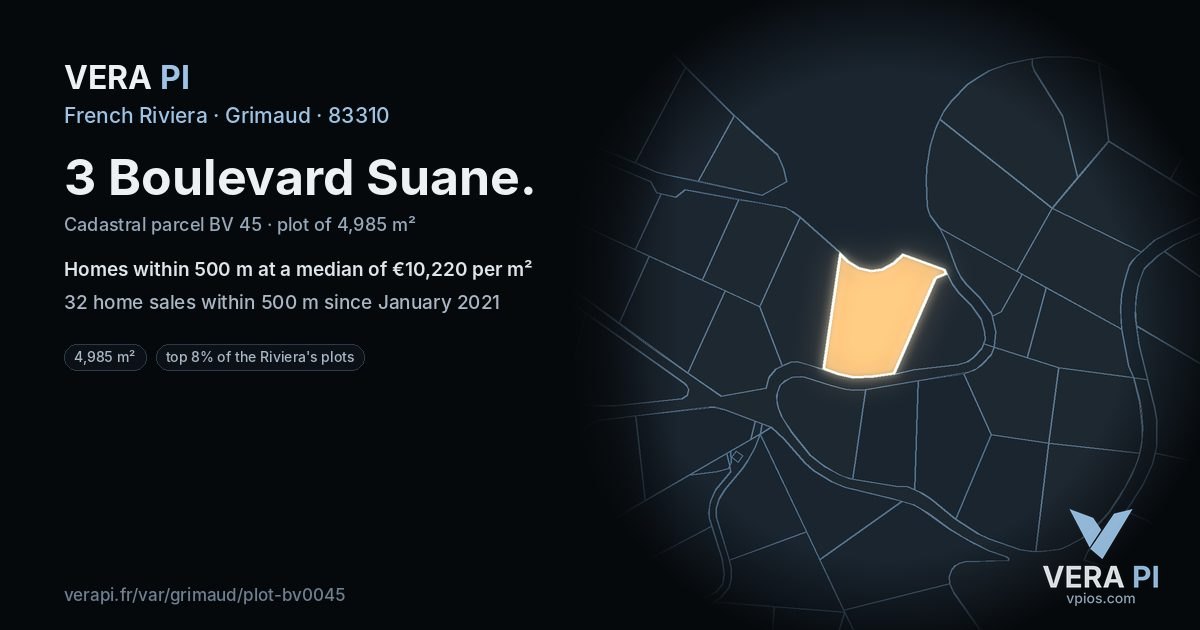 3 Boulevard Suane, Grimaud at night – the plot lit, the parcels around coloured by the prices near them