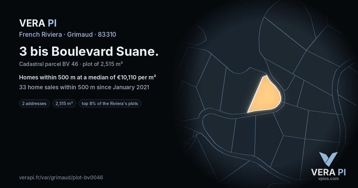 3 bis Boulevard Suane, Grimaud at night – the plot lit, the parcels around coloured by the prices near them