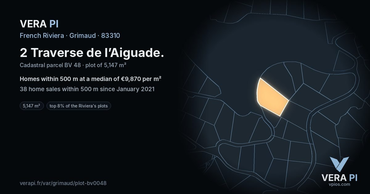 2 Traverse de l’Aiguade, Grimaud at night – the plot lit, the parcels around coloured by the prices near them