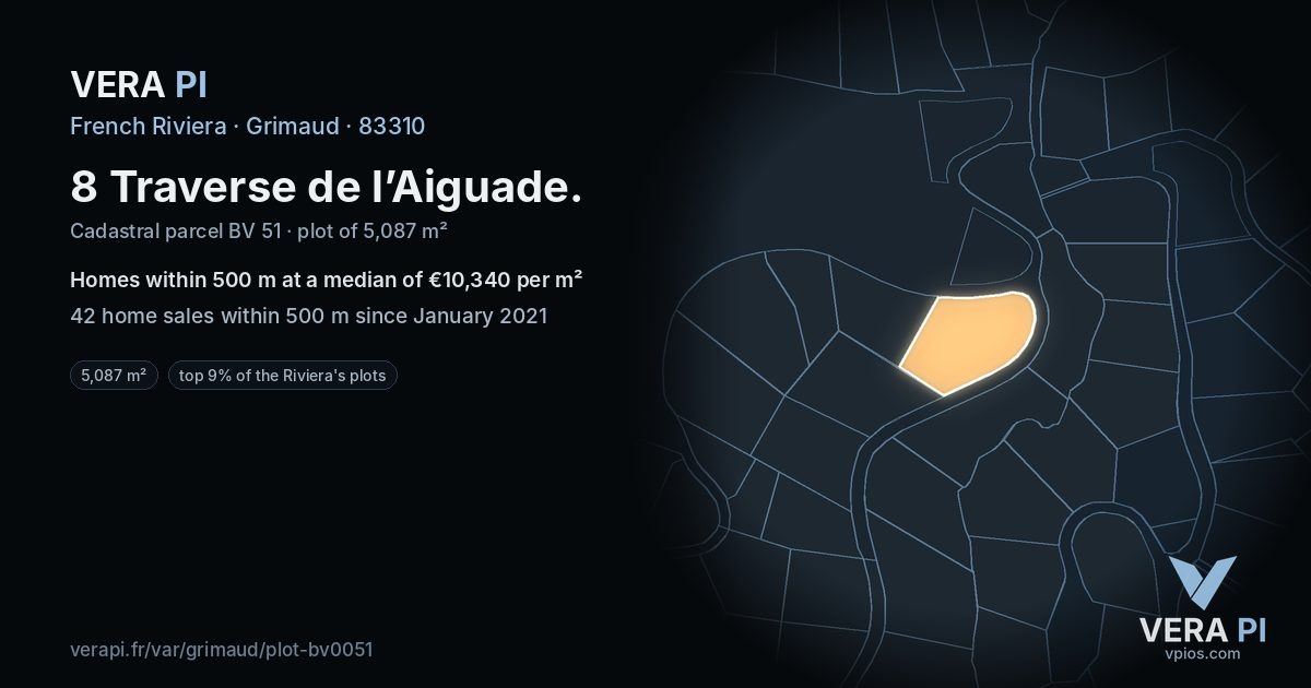 8 Traverse de l’Aiguade, Grimaud at night – the plot lit, the parcels around coloured by the prices near them