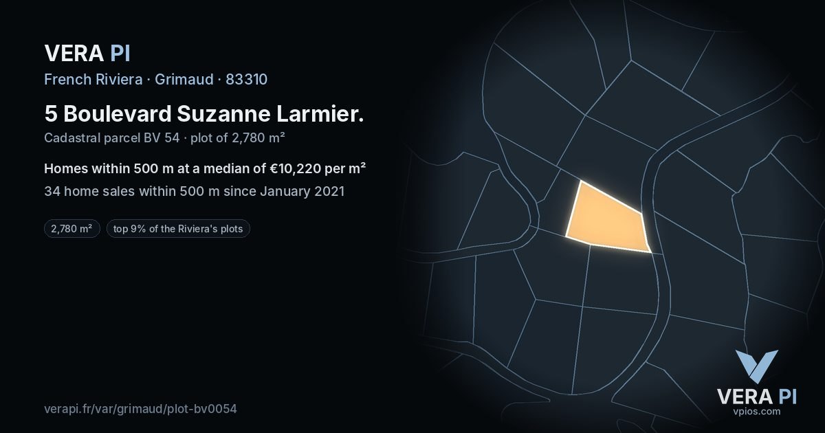 5 Boulevard Suzanne Larmier, Grimaud at night – the plot lit, the parcels around coloured by the prices near them