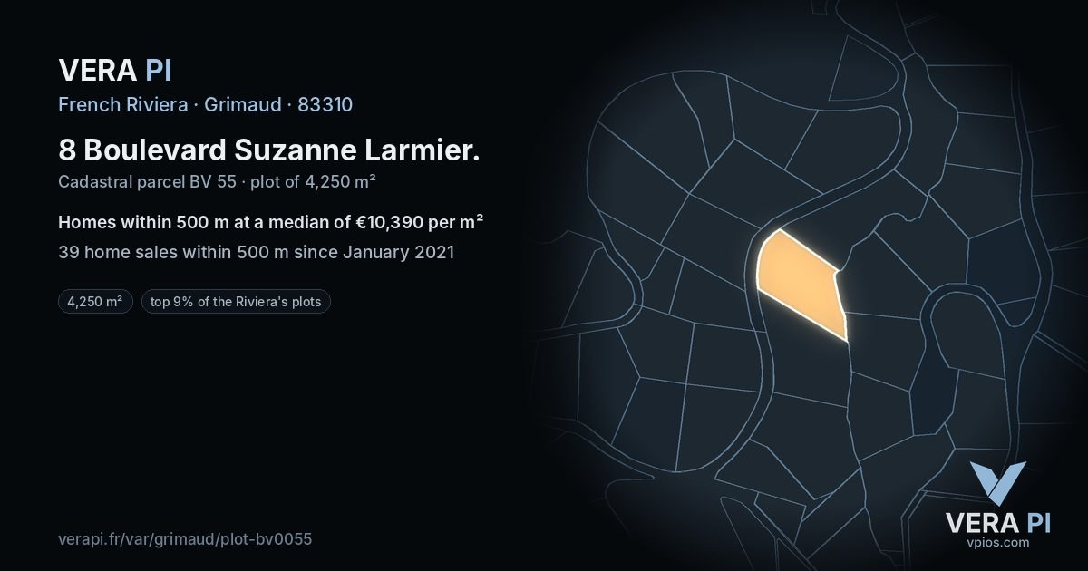 8 Boulevard Suzanne Larmier, Grimaud at night – the plot lit, the parcels around coloured by the prices near them