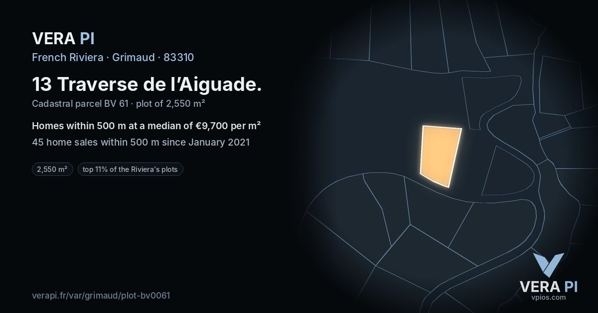 13 Traverse de l’Aiguade, Grimaud at night – the plot lit, the parcels around coloured by the prices near them