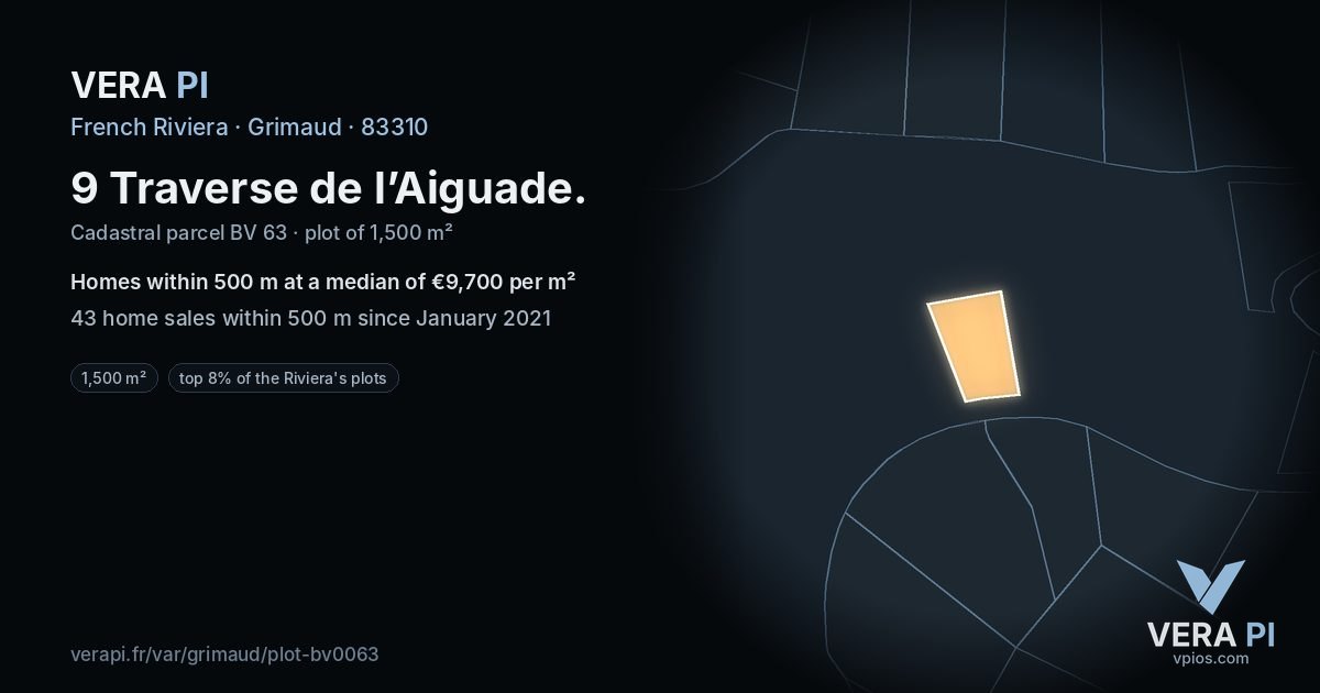 9 Traverse de l’Aiguade, Grimaud at night – the plot lit, the parcels around coloured by the prices near them