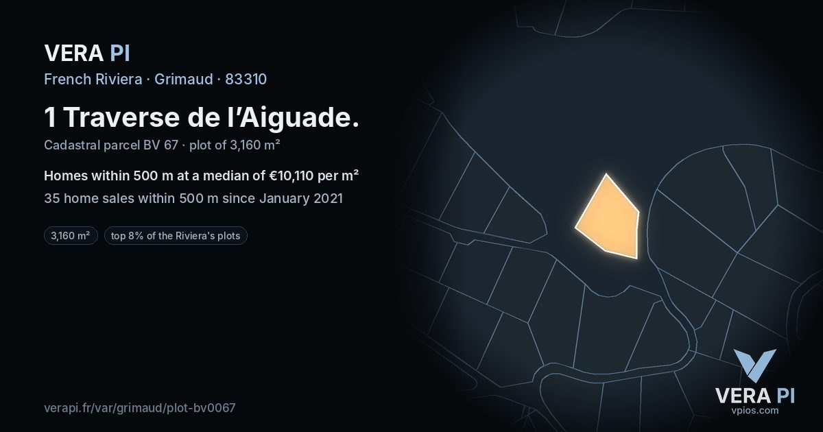 1 Traverse de l’Aiguade, Grimaud at night – the plot lit, the parcels around coloured by the prices near them