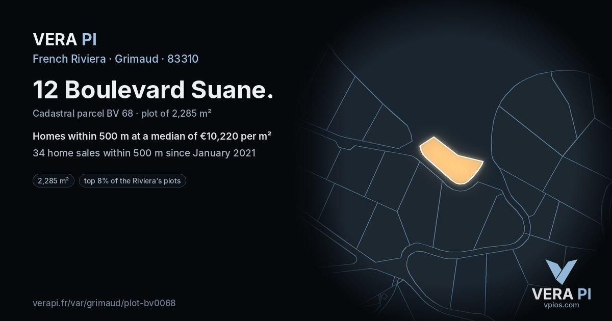 12 Boulevard Suane, Grimaud at night – the plot lit, the parcels around coloured by the prices near them