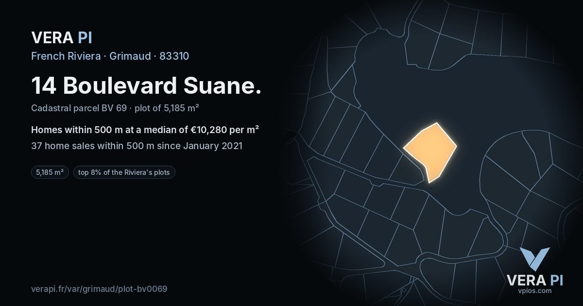 14 Boulevard Suane, Grimaud at night – the plot lit, the parcels around coloured by the prices near them