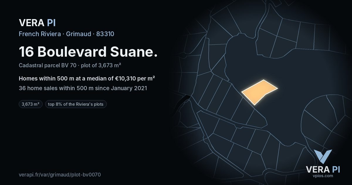 16 Boulevard Suane, Grimaud at night – the plot lit, the parcels around coloured by the prices near them