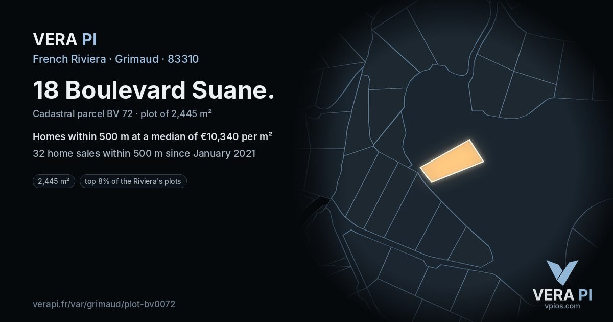 18 Boulevard Suane, Grimaud at night – the plot lit, the parcels around coloured by the prices near them