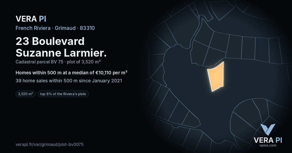 23 Boulevard Suzanne Larmier, Grimaud at night – the plot lit, the parcels around coloured by the prices near them