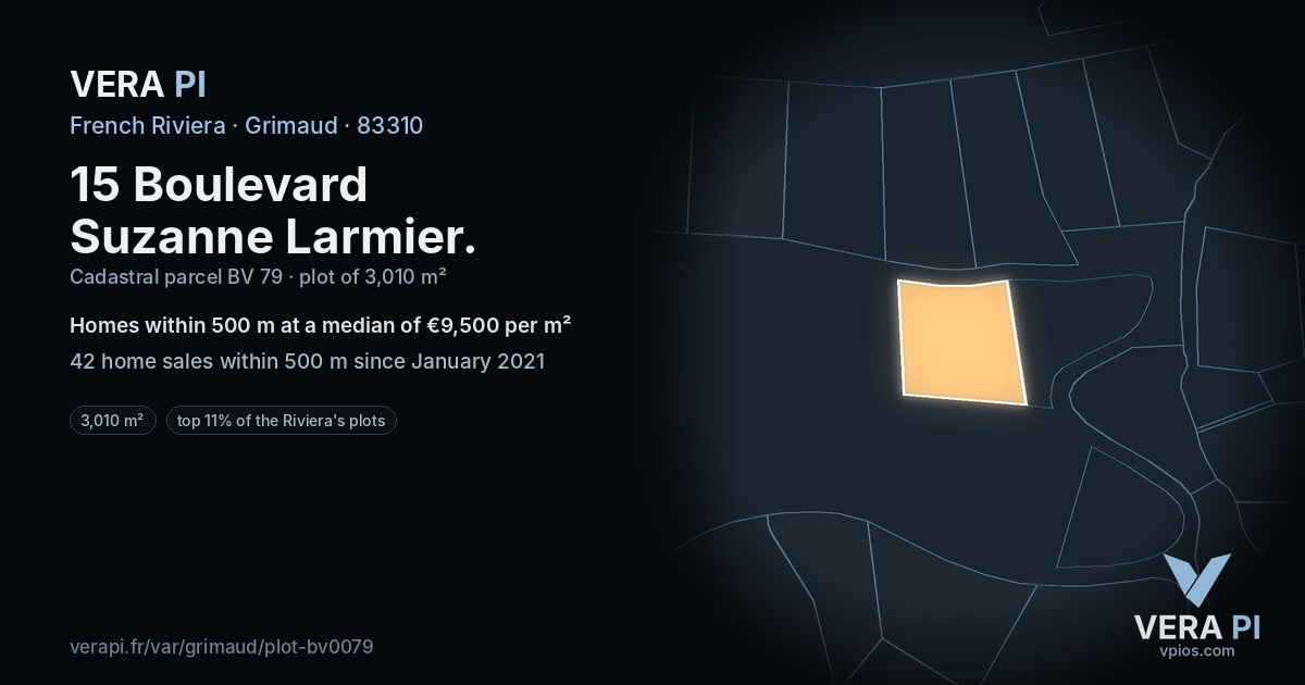 15 Boulevard Suzanne Larmier, Grimaud at night – the plot lit, the parcels around coloured by the prices near them