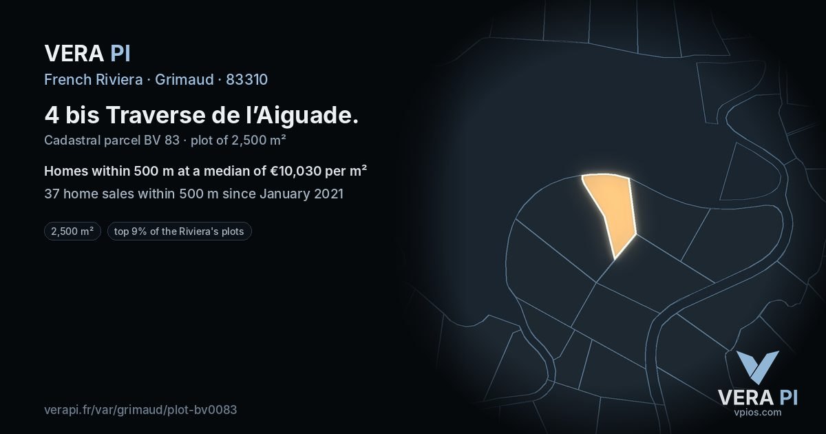 4 bis Traverse de l’Aiguade, Grimaud at night – the plot lit, the parcels around coloured by the prices near them