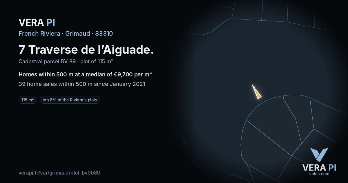 7 Traverse de l’Aiguade, Grimaud at night – the plot lit, the parcels around coloured by the prices near them