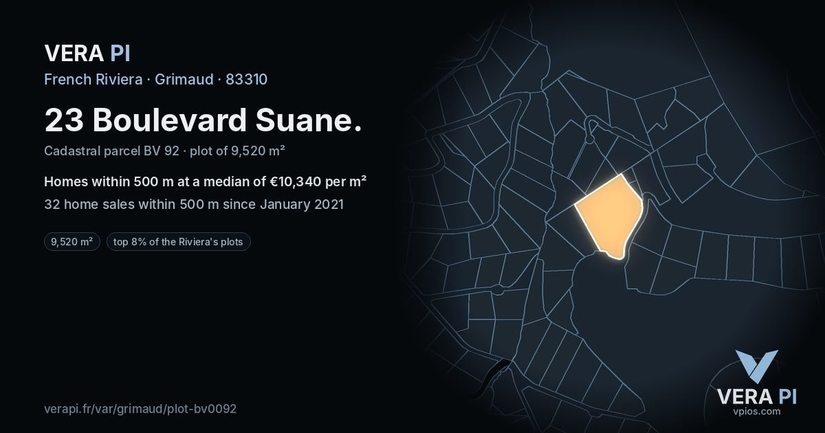 23 Boulevard Suane, Grimaud at night – the plot lit, the parcels around coloured by the prices near them