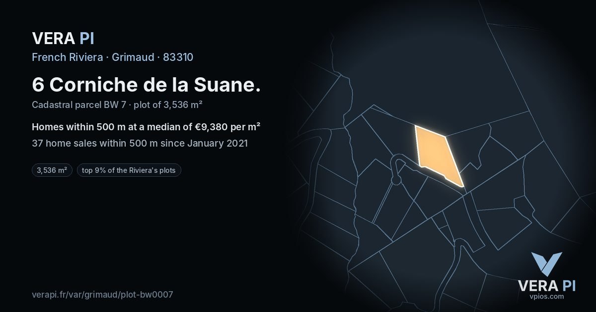 6 Corniche de la Suane, Grimaud at night – the plot lit, the parcels around coloured by the prices near them