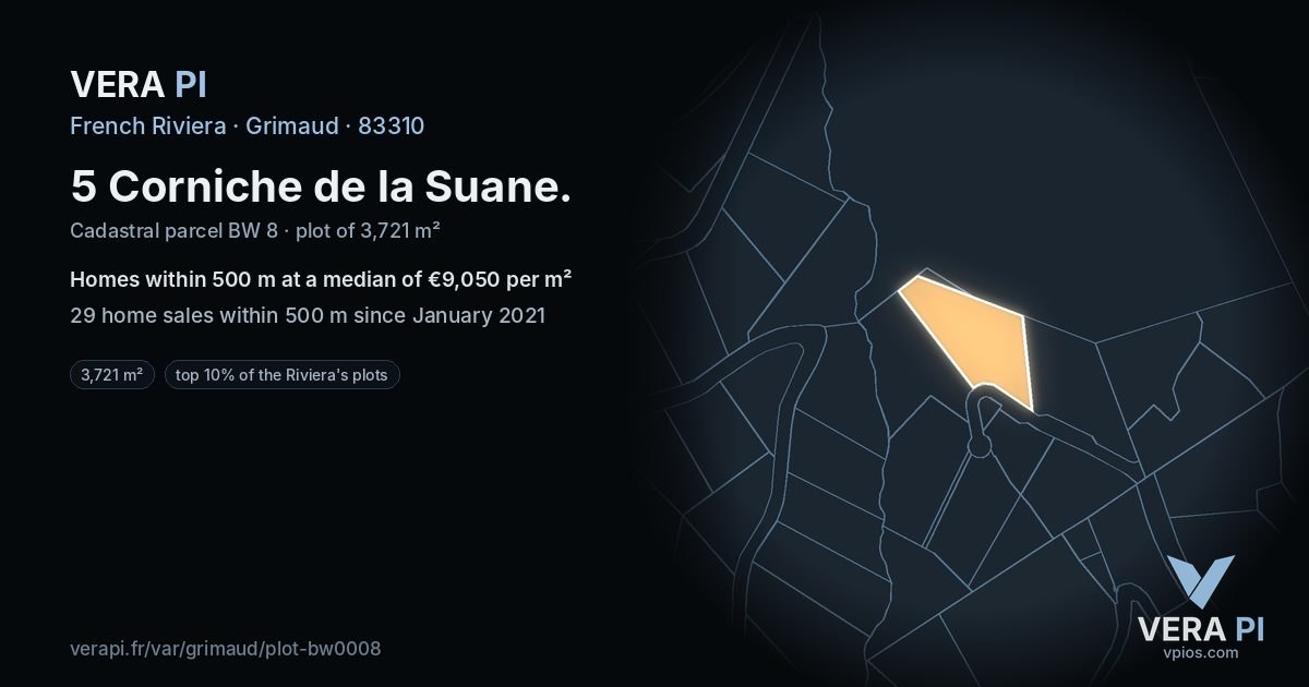 5 Corniche de la Suane, Grimaud at night – the plot lit, the parcels around coloured by the prices near them