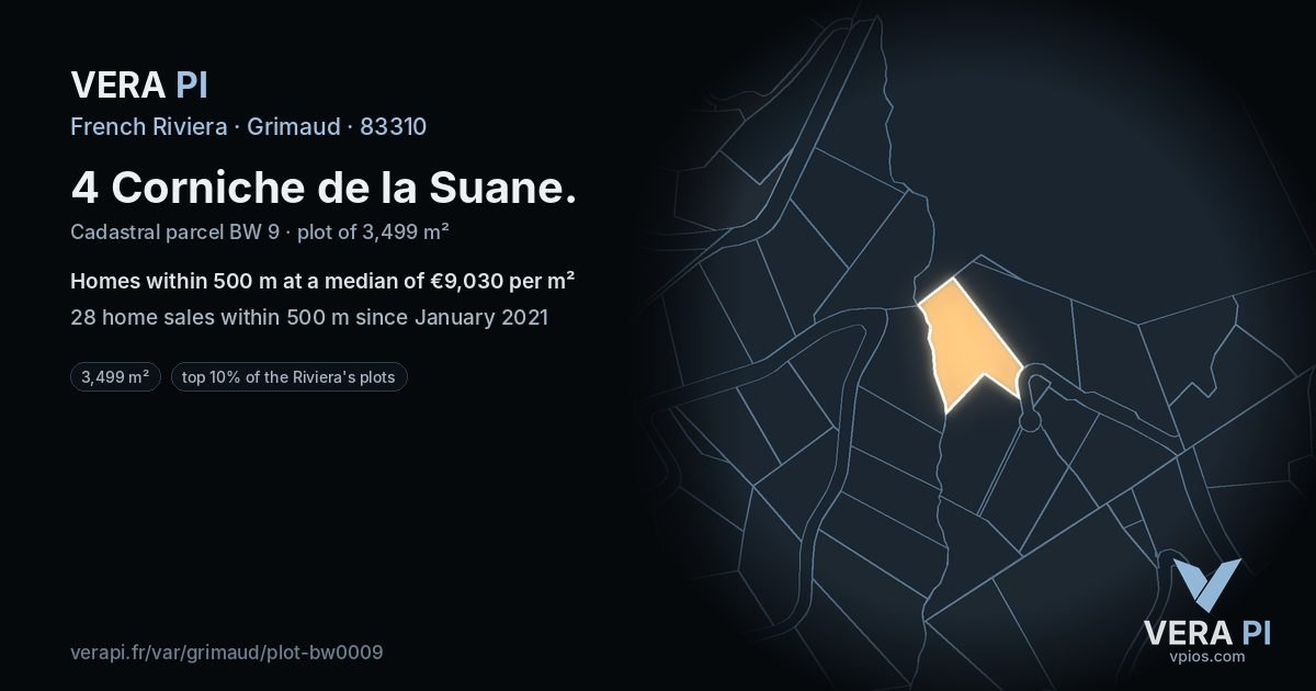 4 Corniche de la Suane, Grimaud at night – the plot lit, the parcels around coloured by the prices near them