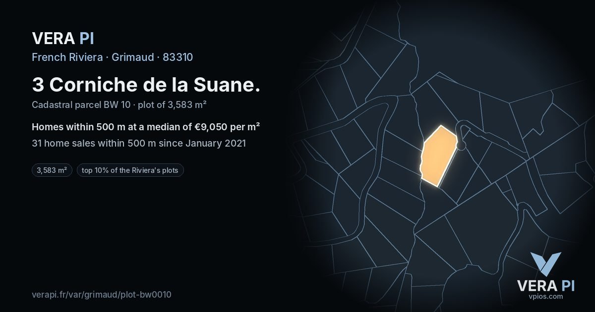 3 Corniche de la Suane, Grimaud at night – the plot lit, the parcels around coloured by the prices near them