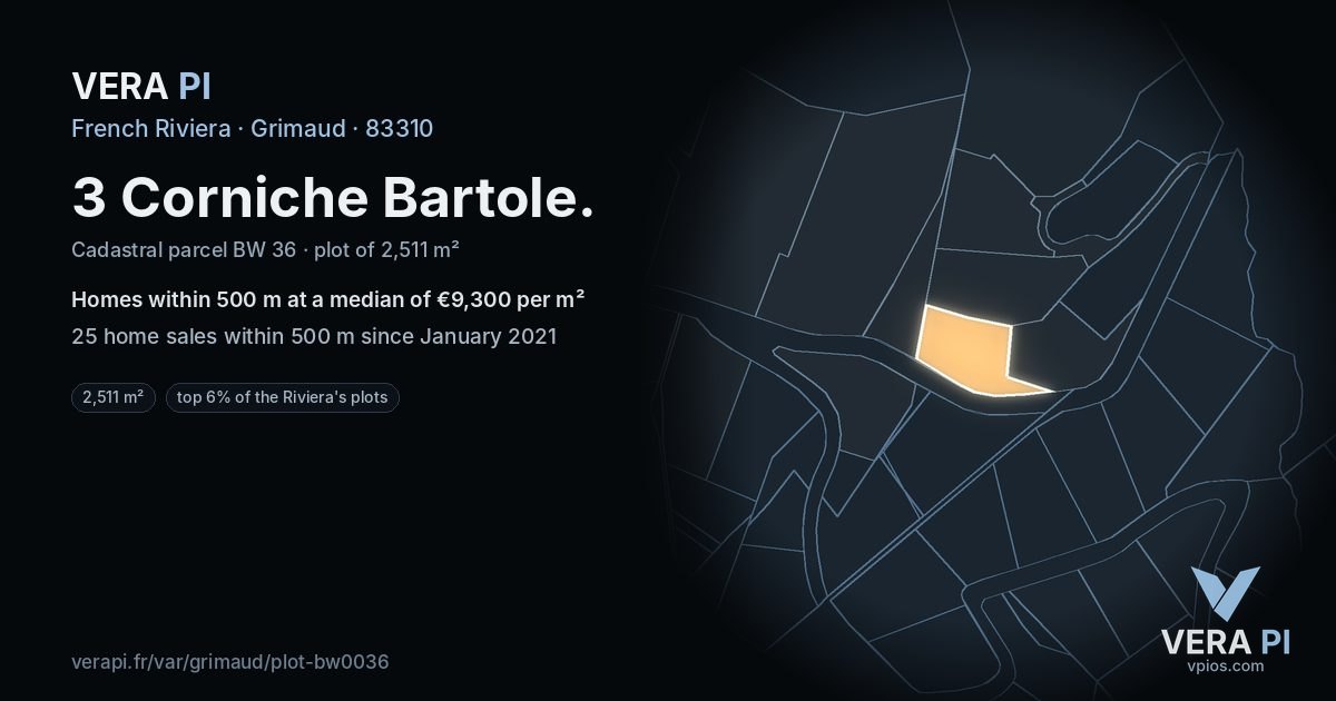 3 Corniche Bartole, Grimaud at night – the plot lit, the parcels around coloured by the prices near them