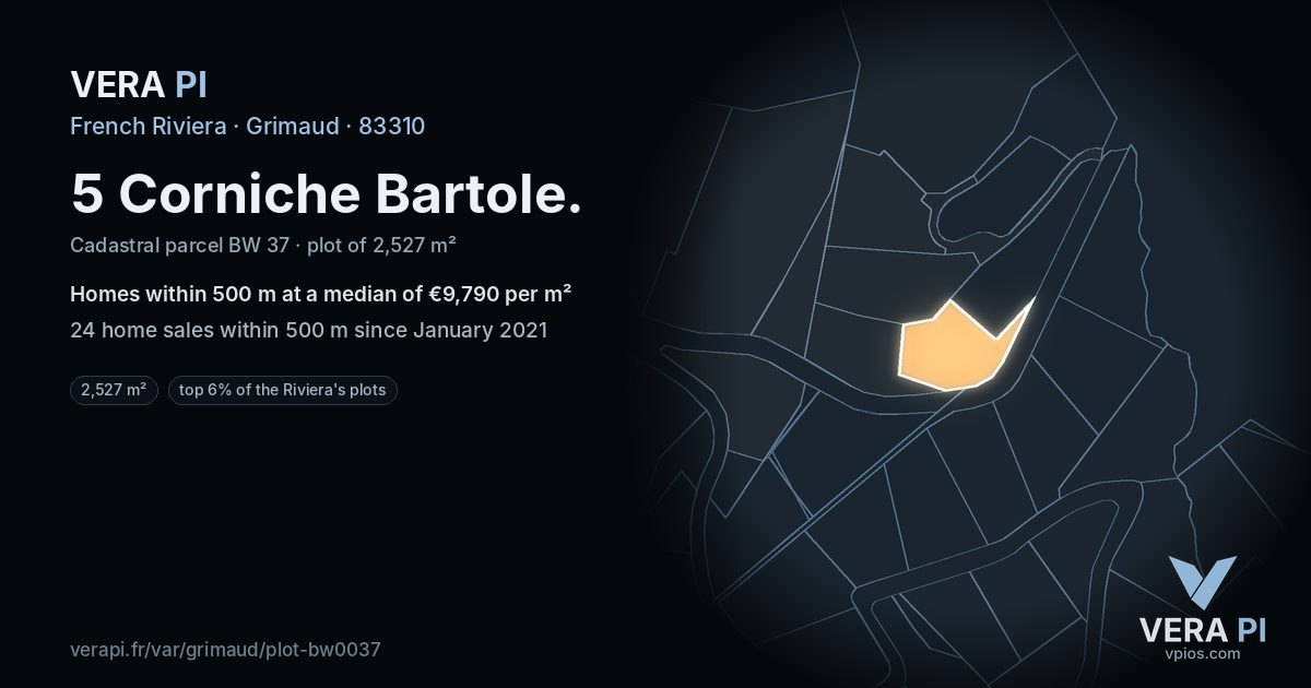 5 Corniche Bartole, Grimaud at night – the plot lit, the parcels around coloured by the prices near them