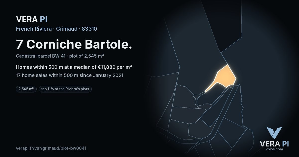 7 Corniche Bartole, Grimaud at night – the plot lit, the parcels around coloured by the prices near them