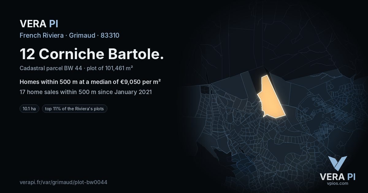 12 Corniche Bartole, Grimaud at night – the plot lit, the parcels around coloured by the prices near them
