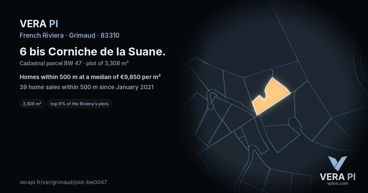 6 bis Corniche de la Suane, Grimaud at night – the plot lit, the parcels around coloured by the prices near them