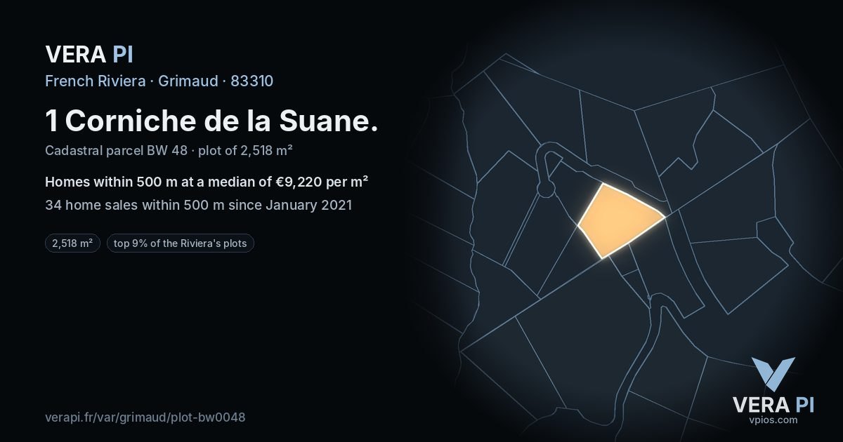 1 Corniche de la Suane, Grimaud at night – the plot lit, the parcels around coloured by the prices near them