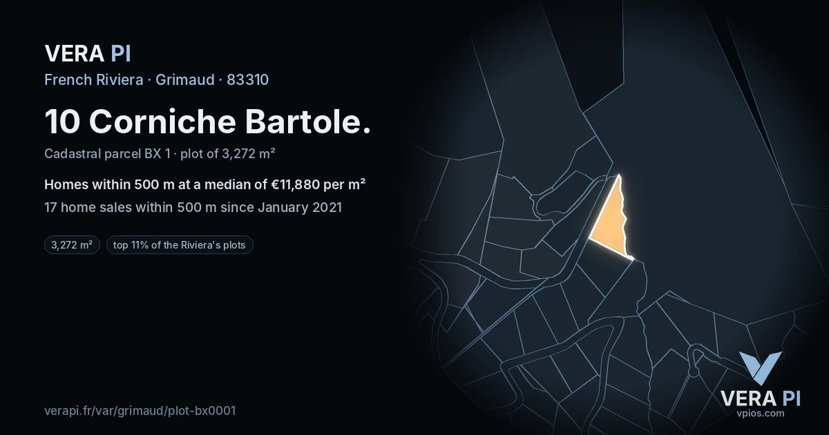 10 Corniche Bartole, Grimaud at night – the plot lit, the parcels around coloured by the prices near them