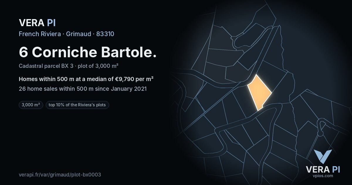 6 Corniche Bartole, Grimaud at night – the plot lit, the parcels around coloured by the prices near them
