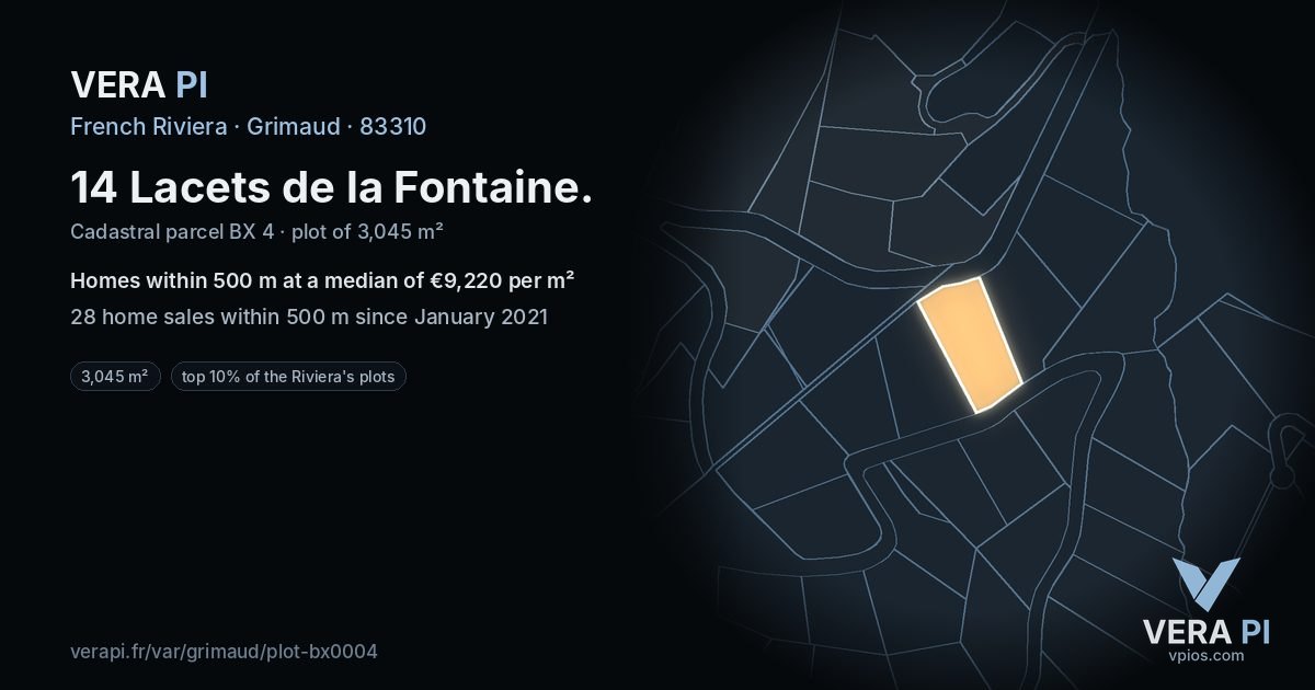14 Lacets de la Fontaine, Grimaud at night – the plot lit, the parcels around coloured by the prices near them