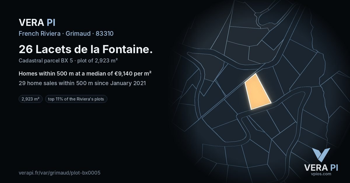 26 Lacets de la Fontaine, Grimaud at night – the plot lit, the parcels around coloured by the prices near them
