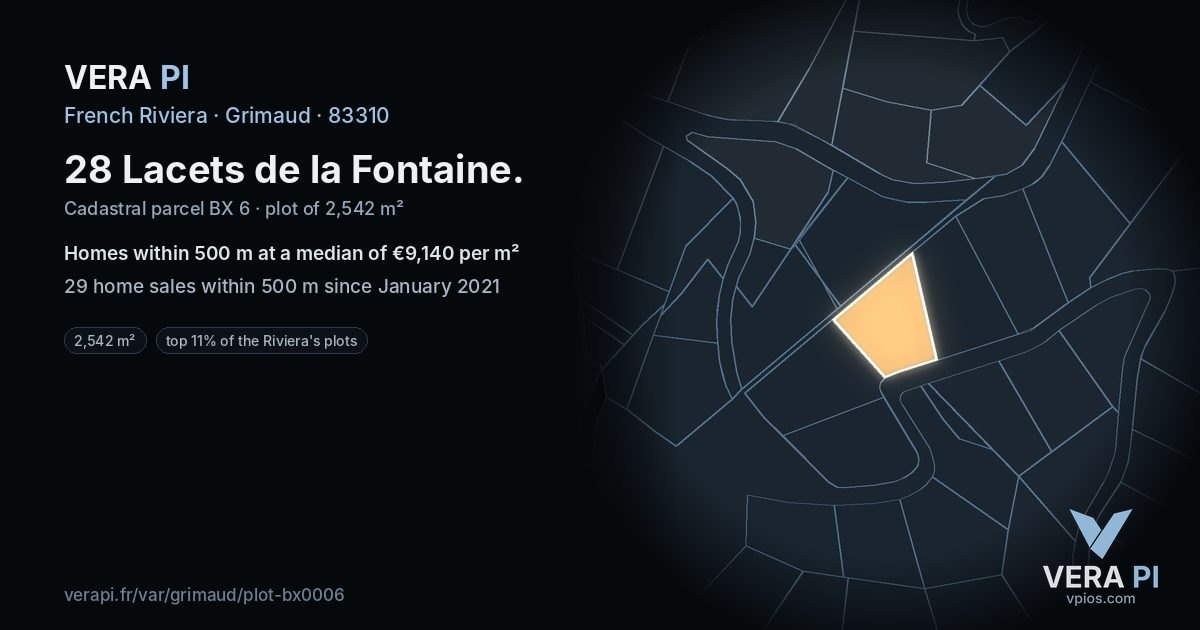 28 Lacets de la Fontaine, Grimaud at night – the plot lit, the parcels around coloured by the prices near them