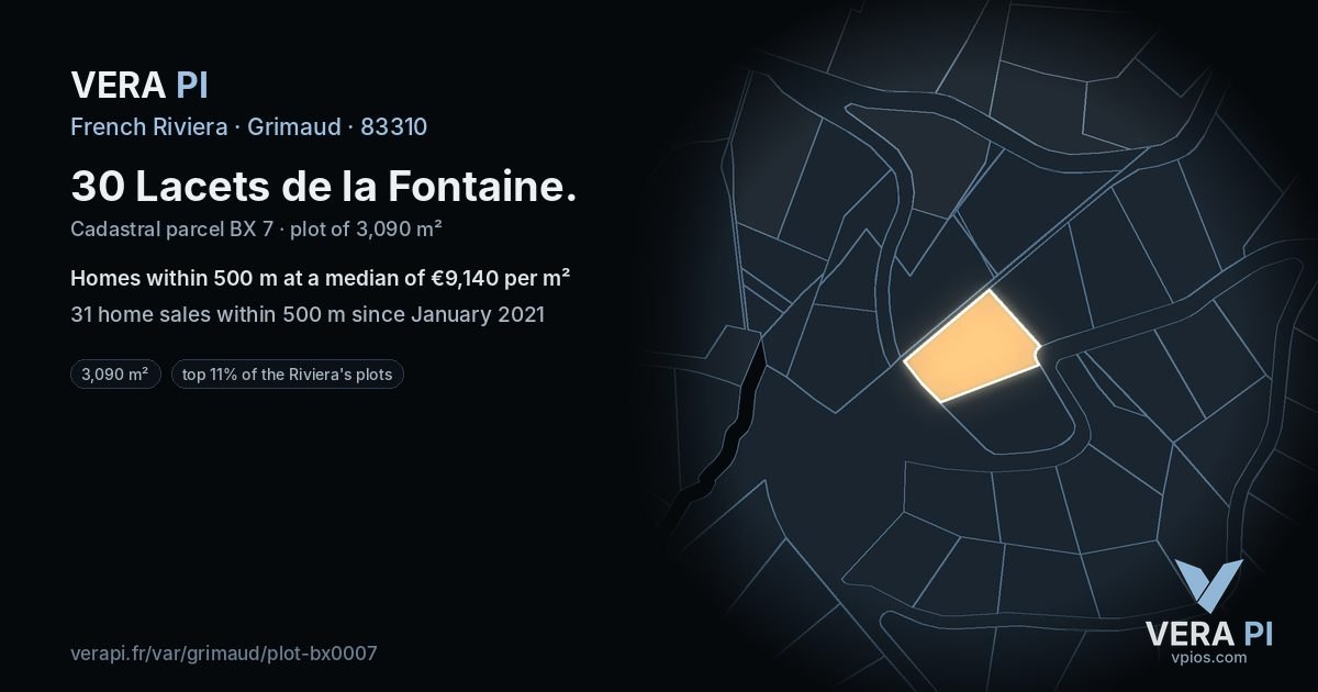 30 Lacets de la Fontaine, Grimaud at night – the plot lit, the parcels around coloured by the prices near them