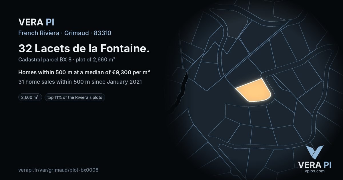 32 Lacets de la Fontaine, Grimaud at night – the plot lit, the parcels around coloured by the prices near them