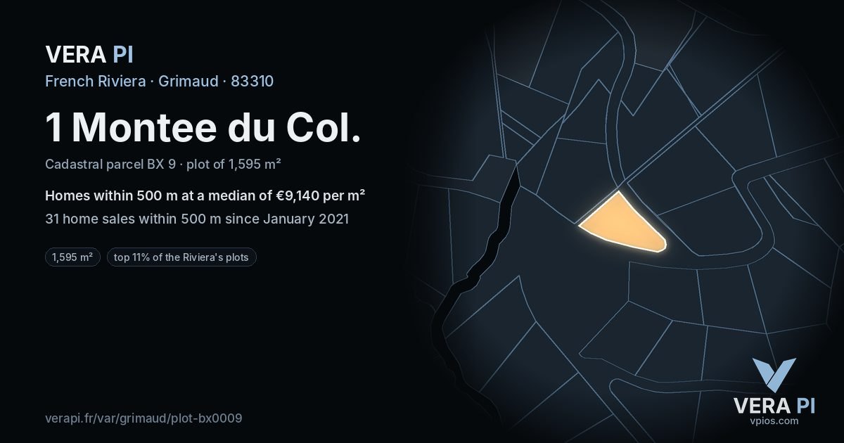 1 Montee du Col, Grimaud at night – the plot lit, the parcels around coloured by the prices near them