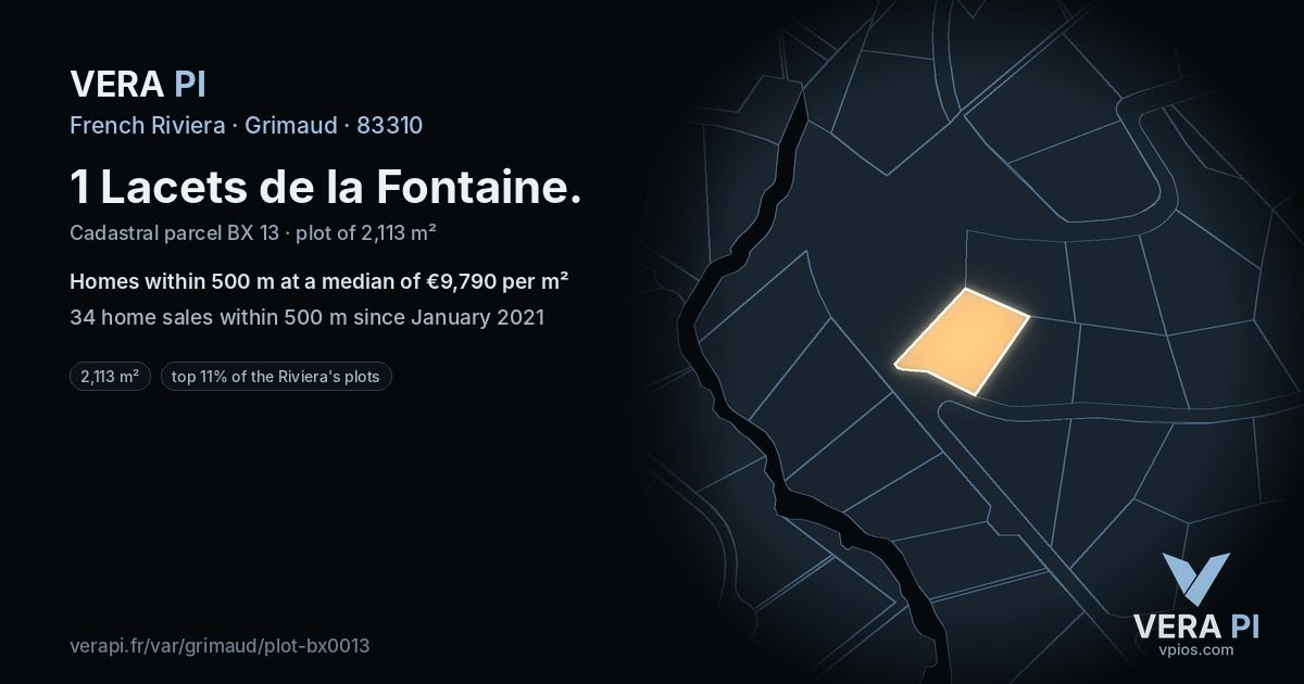 1 Lacets de la Fontaine, Grimaud at night – the plot lit, the parcels around coloured by the prices near them