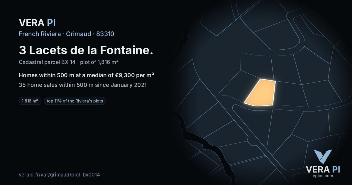 3 Lacets de la Fontaine, Grimaud at night – the plot lit, the parcels around coloured by the prices near them